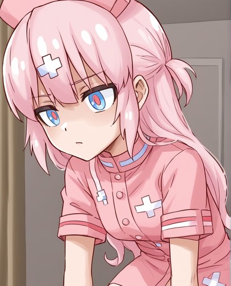 <lora:Bianca:1>, 1girl, bianca, pink hair, patches on hair, nurse
