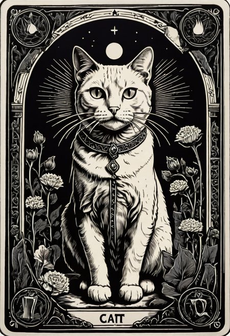 tarot_card, cat, front perspective, flat, frame,( square:1.1), (white outline:1.2)  <lora:tarot_card:1>