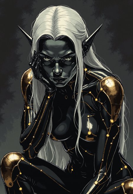 d4rkc0mic, A dark elf female with elegant close-fitting pointed ears, carbon fibre and matte darkcoal skin, striking silver eyes, and long flowing white hair. 

She wears a form-fitting black bodysuit adorned with intricate bronze circuit-like patterns and glowing orbs embedded at key points. 

She sits in a thoughtful pose with one hand with long pointed fingernails supporting her face. Set against a minimalist dark background with subtle shadowy elements. 

Fantasy concept art, highly detailed digital painting, matte painting, dark and cool tones, dramatic lighting highlighting the bronze elements against her dark sculpture form, elegant and mystical atmosphere, dark fantasy aesthetics