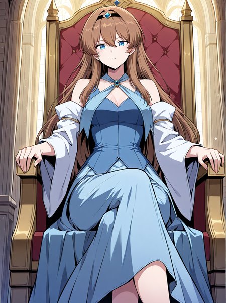 <lora:Anjac_Protesia__The_Knight_King_Who_Returned_with_a_God__Illustrious:1>
brown hair, long hair, hair between eyes, bangs, blue eyes
blue dress,  detached sleeves, hairband, skirt, long dress, wide sleeves, bare shoulders,
(Anime_source),Masterpiece,(perfect female body:1.2), small waist,(incredibly detailed:1.4), slim, beautiful fingers, parted lips, looking at viewer, sitting on throne, crossed legs, castle room background