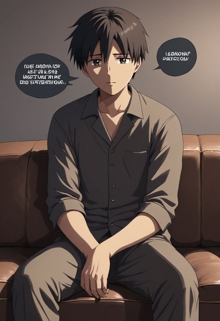 high resolution, solo, best quality, 1Boy, Takaki Toono, Brownish Hair, Brown Eyes, deep talk, depression, sit, couch, OverallDetail