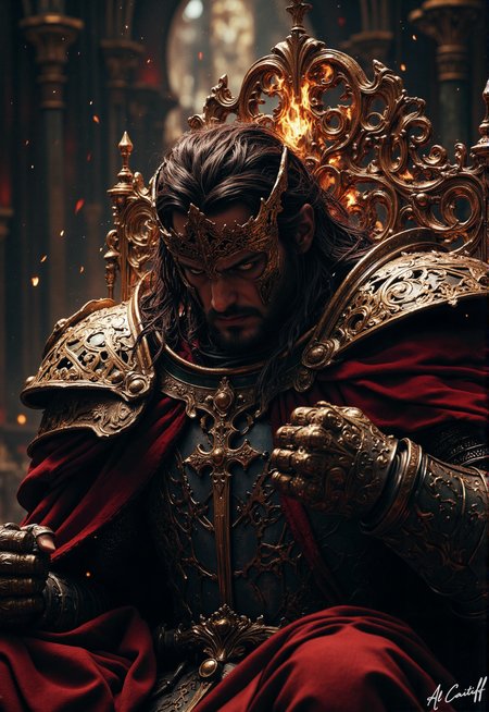 From a high-angle vantage, the 35mm telephoto lens compresses the sceneâslight barrel distortion bending the edges of reality, as if the throne itself warps under the weight of its occupant. The knight is a monolith of shadow and crimson, his cloak pooling like spilled wine over gilded armor, every etched filigree and cross catching the dying sunâs fire. Motion blurs the edges of his pauldrons, a ghostly tremor of restrained violence. His fistsâcrushed steel and silent furyâanchor him to the throne, while the deep depth of field pulls the hallâs vaulted arches into sharp relief, a cathedral of impending reckoning. The air is thick, heavy, golden dust swirling in the lightânot illumination, but a gilding of decay., fg<lora:CustomFlux/MysticFantasy.safetensors:0.5000000000000001:0.5000000000000001> <lora:Flux/Stylized-Super-Texture.safetensors:0.5000000000000001:0.5000000000000001> <lora:CustomFlux/MysticRealism.safetensors:0.7500000000000001:0.7500000000000001>