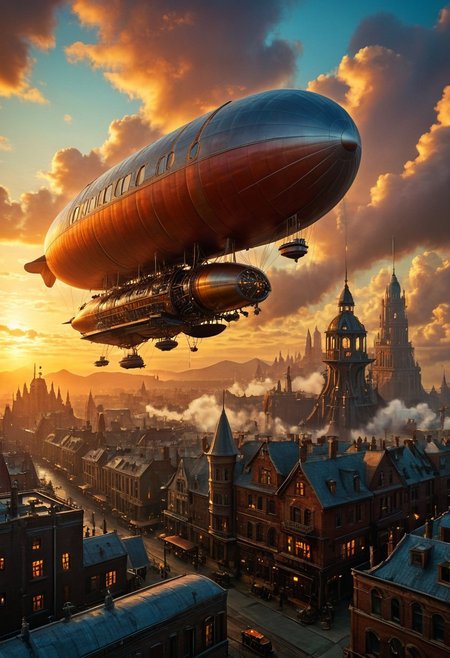 ultra HD, high quality, 4K, score_9, score_8_up, score_7_up, photo, extremely detailed, 8k, high quality, Source_photo, real photo, sharp,
steampunk zeppelin airship flying over a steampunk city, skyscrapers,  vibrant, dynamic, sunset, silhouetted, clouds, scenery, masterpiece, perfect composition, legendary view