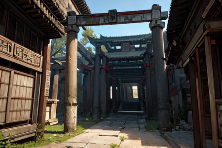 highly insanely detailed, masterpiece, top quality, best quality, highres, 4k, 8k, RAW photo, (very aesthetic, beautiful and aesthetic), (ancient japanese cyberpunk, ancient chinese cyberpunk, ancient egyptian cyberpunk:1.2), 
1girl, solo, 
creek,Valley,trail,National_Park,Village,massive_dam_structure,Neolithic_architecture,hypostyle_hall,ancient_temple_complex,dark background, 
<lora:two_side_up-1.0:0>âââ