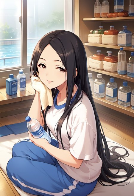 score_9, score_8_up, score_7_up, source_anime,hiiragi shino, black hair, brown eyes, long hair, 1girl, solo, bottle, towel, pants, water bottle, sitting, looking at viewer, smile, shirt, track pants