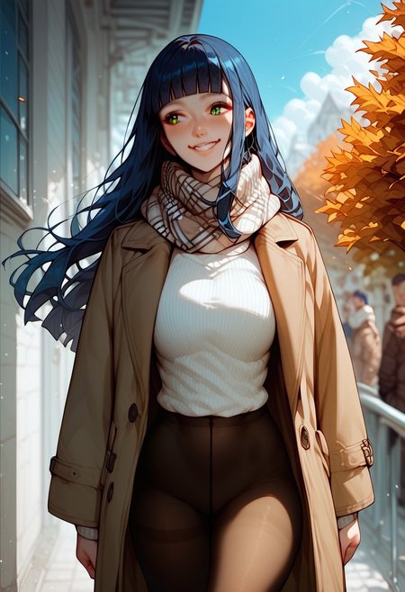 score_9, score_8_up, score_7_up, score_6_up, score_5_up, score_4_up, 1girl, (score_9, score_8_up:1.1),((( long straight hair,1,5))), (dark blue hair:1.5), blunt bangs, (green eyes), voluptuous, pale skin, white pale skin,shy smile ,HD32k, brown coat, scarf, pantyhose, walking, autumn scenario, cloudy, grey sky, cowboy shot, Dutch angle