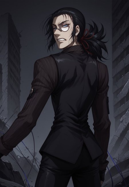 score_9, score_8_up, score_7_up, 1 boy, solo, DarkWalter, blue eyes, black hair, back slicked ponytail, red hair ribbon, monocle, monocle over left eye, black tie, black vest, black pinstripe shirt, black pants, black shoes, black fingerless gloves, keychain, looking at viewer, angry, clenching teeth, fighting stance, ruins, wires, wires swirling around,