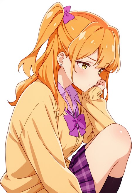 masterpiece,high quality details,absurdres, 
 <lora:Chibana_Sumika:0.8>
sumika_cnr, 1girl,orange hair, long hair, yellow eyes,one side up, bangs,stud earrings, 
sumika_s2, gyaru, kogal, plaid skirt, pleated skirt, yellow cardigan, collared shirt, hair bow,purple bowtie, kneehighs, stud earrings, long sleeves,, simple background, white background, from side,solo,, d:,