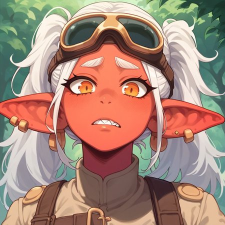 score_9, score_8_up, score_7_up, 1girl, solo, goblin girl,, red skin, orange eyes,, twintails, white hair, sharp tooth, nervous expression, ear piercing, earrings, long pointy ears, plump, looking at viewer, engineer uniform, little  female, forest background, dutch angle, goggles over head, full body, stand up