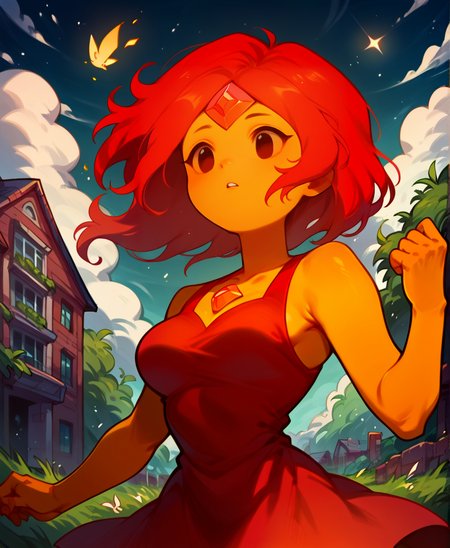 score_9_up, score_8_up, score_7_up, solo focus, dynamic pose, cowboy shot, close-up, mouth focus, <lora:Expressive_H:.8>, Expressiveh, 1girl, <lora:FlamePrincess_PDXL:.7>, Flame Princess , red hair, glowing hair, sidelocks, orange skin, forehead jewel, medium breasts, red dress
, outside, at a school, building, <lora:lowlight:.8>, night, shooting star, cloudy,