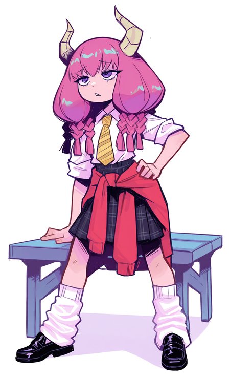 masterpiece, best quality, good quality, very awa, very aesthetic, absurdres, newest,  aura \(sousou no frieren\), (pastel colors),toon (style),
drawing_style,
upper body, 1girl, baggy socks, bench, black footwear, black skirt, braid, clothes around waist, contemporary, demon girl, demon horns, diagonal-striped clothes, diagonal-striped necktie, full body, hand on own hip, horns, leaning on object, loafers, long hair, loose socks, necktie, parted lips, pink hair, plaid clothes, plaid skirt, pleated skirt, purple eyes, red sweater, school uniform, shadow, shirt, shoes, short sleeves, simple background, skirt, sleeves rolled up, socks, solo, striped clothes, sweater, sweater around waist, white background, white shirt, white socks, yellow necktie <lora:ponyv6_noobV1_2_adamW-000017:0.8> <lora:USNR_STYLE_XL_lokr:0.45> <lora:namukijpg_ill:0.8>