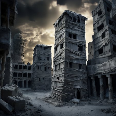 mummy city, mummy buildings, bandages, professional photo, very detailed and dramatic, cinematic, darkness<lora:mummy:1>