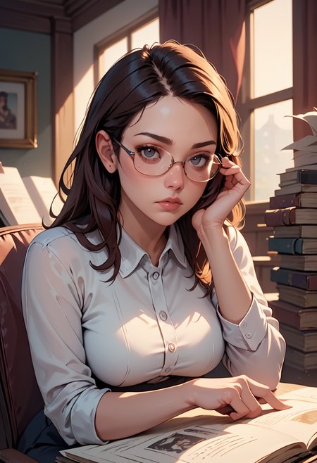 (score_9, score_8_up, score_7_up), detailed, realistic  professional woman looks up from her papers at the viewer, annoyed, glasses, interrupted reading, stack of papers.