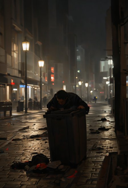 pile of garbage, street, modern city at night, drunk man vomiting, streetlight reflections, puddles of filth <lora:sd_xl_offset_example-lora_1.0:0.4> <lora:Projext_X2:-1.0> <lora:Night_in_Tokyo_by_Styx:0.75>