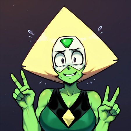 masterpiece, best quality, good anatomy, detailed face, detailed eyes, 5 fingers, solo, 1girl, peridot \(steven universe\), forehead gem, triangle hair, blonde hair, colored skin, green skin,, front view, looking at viewer, simple background, character concept, clothed, nervous smile, peace sign, upper body portrait, 