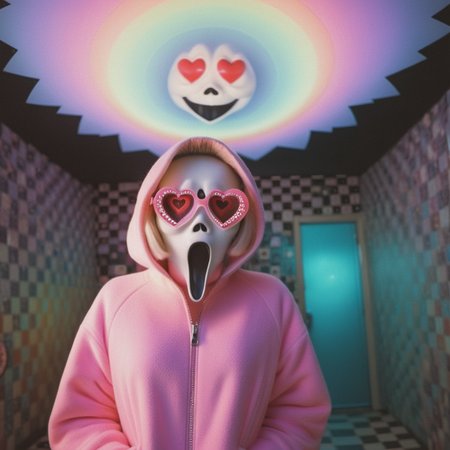 <lora:add-detail-xl:0.8> ((fullbody: 1.3)) A highly detailed real world image of an ((evil Ghostface Baller with a curvy womans body and a Zipper for a mouth :1.3)),4k HD, rhythm on display in a brightly colored space, in the style of fantastical otherworldly visions, kawaii, digitally manipulated images, ghostly presence, global illumination, shiny eyes,fractal geometric patterns with rainbow hues :1.5)) ((black and white tiles with pastel coloured rainbows hues fractals pilco predicta chalet 1959 model television background :1.5)), (fractal geometric patterns with rainbow hues :1.5)) ((black and white tiles with pastel coloured rainbows hues fractals pilco predicta chalet 1959 model television background :1.5)), ((mushroomcore :1.4)), ((2girls :1.5)) hyper realistic detail, perfect eyes, ((fullbody :1.5)), ((heart shaped glasses :1.5)), stunningly pretty, maxim, 128k, cinematic quality cinematic lighting, 1080p, sharpen, hyperrealism, lEICA SL2 50mm F 1.4 kit, mirrorless lens (( psychedelic lsd trip background :1.4)), ((bright coloured fractals :1.5)) ((Larry Carlson :1.3)), , cinematic quality, cinematic lighting, voodoo, sinister,128k, hyper realistic, pastel colour palette,((mark ryden 1.3)) --s 250 --v 6.0** - <@1100565623089668097> (fast))  <lora:Larry Carlson Style:0.8> Larry Carlson Style page <lora:Polaroid_Film:0.8> polaroid film photography, soft focus <lora:bigeyes-v2_16x8-4x1:0.2> big eyes, anime eyes   <lora:001-Ghst:0.8> Ghostface Baller