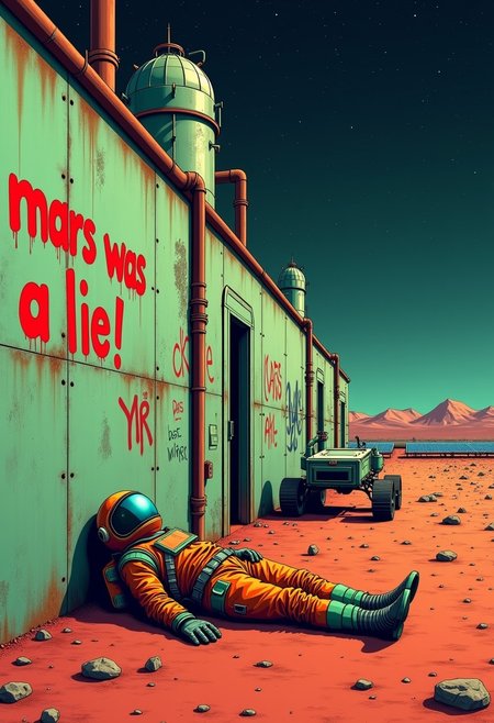 a science fiction illustration. front view of a sketleton in a orange and green suit lying dead  on the ground,  wall of an industrial facilitie with pipes and cisterns. fields of solar panel at horizon. 
Mutliple graffiti on walls, A red hand-written spray can graffiti saying "mars was a lie  !"
Industrial complex, metalic green walls covered with rust, red sand, mars-rover on the side, broken mecanials parts against a wall, trash on the ground. 
The background is a night sky, stars constellation in dark sky.