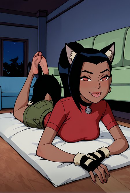 <lora:ovkai-10:1> ovkai, 1girl, long hair, black hair, dark skin, ponytail, earrings,  lips, red shirt, short sleeves, turtleneck, green cargo shorts, fingerless gloves, ((cartoon,  screencap)), dynamic pose, expressive,  amazing quality, best quality, facial expression , smile, :P, full body, living room, messy room, couch, night,  seductive, half closed eyes, wolf ears, wolf tail, prone, dog collar,, masterpiece, best quality, amazing quality, very aesthetic, absurdres, newest,