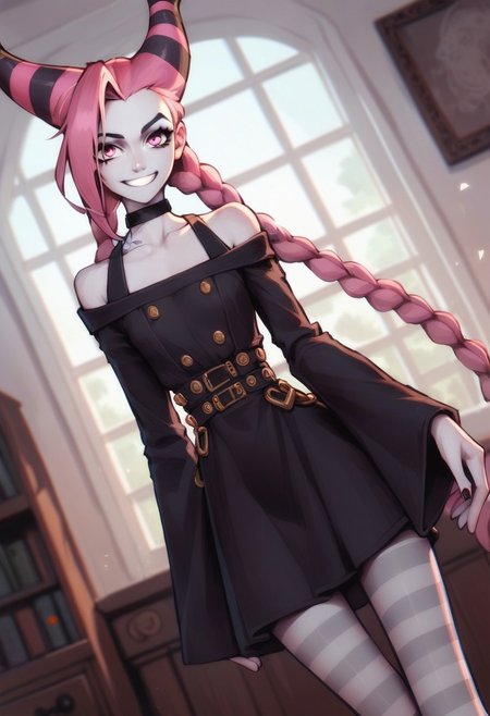 score_9, score_8_up, score_7_up, score_6_up, PRSNL, source_anime, jinx, jinx (dc), colored skin, grey skin, hair horns, pink eyes, pink hair,, choker, long sleeves, pantyhose, striped clothes, striped pantyhose, black dress, wide sleeves, collarbone,, indoors, smile, looking at viewer, solo,, cowboy shot, dutch angle