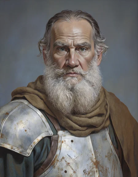 Rembrandt style <lora:DB:1>, This is a highly detailed digital portrait of an older man with a rugged, weathered appearance. The subject has a deeply lined face, expressive eyes, and a thick, white beard and mustache that covers his chin and upper lip. His skin tone is a light brown, suggesting a Mediterranean or Middle Eastern heritage. The man's hair is long, white, and unkempt, falling loosely around his shoulders.
He is dressed in medieval armor, specifically a metal breastplate that covers his upper chest and shoulders, with intricate designs and a slightly worn, weathered texture. The breastplate is a light silver color, with a visible seam running down the center. The man also wears a brown, woolen scarf wrapped around his neck, adding a touch of warmth and comfort to his attire.
The background is a softly blurred, gradient of cool tones, primarily blue and gray, which helps to focus attention on the subject. The lighting is natural and diffused, casting gentle shadows that enhance the textures and details of the man's face and armor. The overall style of the portrait is realistic, with a high level of detail and a focus on the textures and emotions of the subject., <lora:t0lst0y:1> . Baroque, chiaroscuro, realistic, emotional, "flat lighting