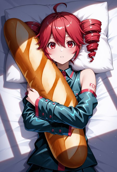 window shadow, shade, lying, on bed, pillow hug, food-themed pillow, baguette, kasane teto, drill hair, red eyes, red hair,  collared shirt, detached sleeves, looking at viewer, from above, <lora:window_shadow_NOOB-EPS1.1v3:0.9>