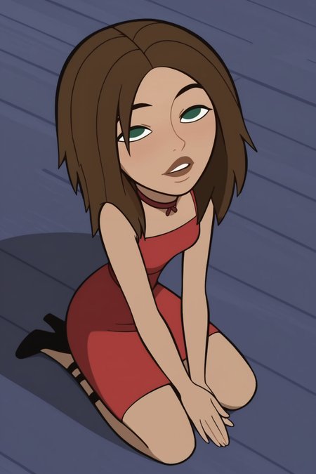 score_9, score_8_up, score_7_up, score_6_up, score_5_up, score_4_up, BREAK, <lora:Bonnie_Rockwaller:1>, 1girl, Bonnie, brown hair, green eyes, no pupils, dark skin, red dress, jewelry, choker, kneeling, looking up, looking at viewer