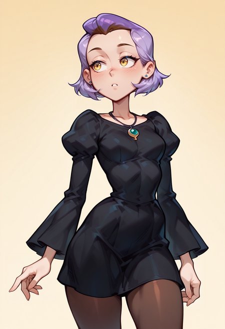 masterpiece, best quality, very aesthetic, absurdres, simple background, 
BREAK 1 girl, solo, adult,  AmityOH, short hair,  purple hair,  yellow eyes, pointy ears, earrings, black witch dress, necklace,  brown pantyhose, 
BREAK good hand,  <lora:Amity_Blight__Illustrioous:1> ,    <lora:AKinuNishimura_Style:1> ,<lora:small_Yo0001_Illust:0.6>