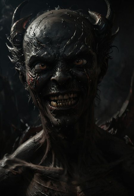 Full length view. (smiling black demon, almond-shaped eyes). attacks of terror. an alarming and grotesque world, with a muted palette and dry brush technique, creating a feeling of hopelessness, desolation, (Minimalism: 1). Canon 5d cinema frame. Ideal body anatomy.--ar 9:16 --ar 1:2