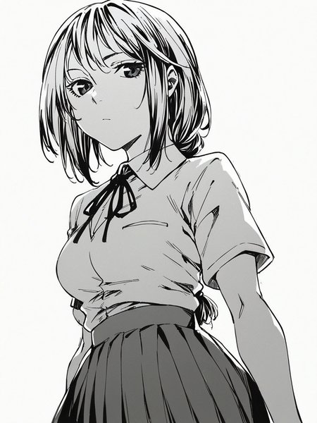 score_9, score_8_up, score_7_up,  
1girl, monochrome, 

amane Shiho, long hair, low tied hair, medium breasts, 


white background, solo, standing, expressionless, closed mouth, looking at viewer, 

white shirt, neck ribbon, short sleeves, school uniform, pleated skirt, 