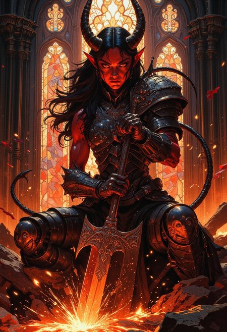 A powerful female demon warrior with red skin and glowing, fierce red eyes sits confidently in a gothic, mystical setting. She has long dark hair with a slight wave, a pair of large, sharp horns, and pointed elf-like ears, accentuating her otherworldly appearance. She’s dressed in rugged, dark metallic armor with intricate engravings, exposing her toned arms and showcasing her muscular form. Her long, spiked tail wraps around her as she grips a massive double-headed battle axe, which also has intricate designs. Sparks fly around her, illuminating the scene with a fiery glow that casts dramatic shadows. Behind her, there are large, illuminated stained-glass windows with ornate patterns, adding a gothic fantasy ambiance. The atmosphere is intense and magical, with warm lighting and vibrant sparks against a dark, enchanted backdrop, highlighting her fierce, intimidating aura.DB4RZ, DB4RZ style painting, S1n0z1ck style, zydInk
