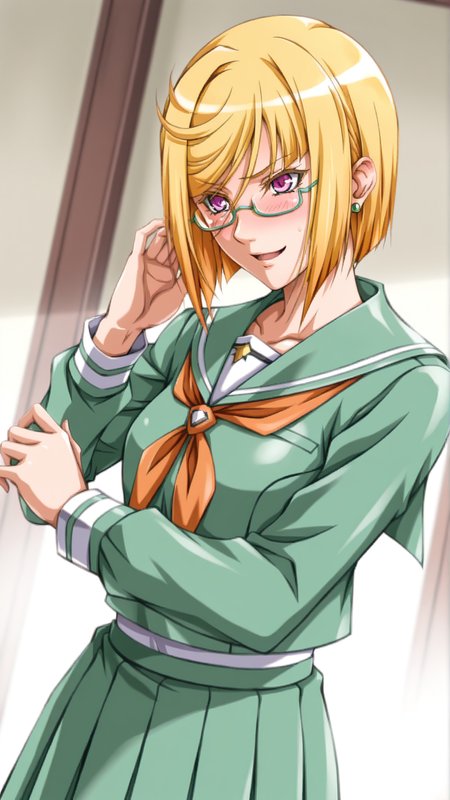source_anime, general, best quality, masterpiece, 1girl,  <lora:Trya_ill_v1.0:1> trya\(srw\),blonde hair, purple eyes,bob cut,swept bangs, sidelocks,  jewelry, earrings,  green-framed eyewear, semi-rimless eyewear, serafuku, happy, (embarrassed:0.7),  dynamic pose, dutch angle, cowboy shot,