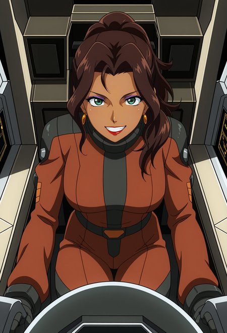 1girl,solo,mm,mature female,dark-skinned female,brown hair,long hair,ponytail,makeup,lipstick,green eyes,earrings,anime coloring,
cockpit,pilot suit,teeth,smile,sitting,
,masterpiece,best quality,amazing quality,<lora:Amida_Arca-Gundam_Iron-Blooded_Orphans:0.8>