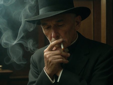 In a dimly lit confessional, an old priest with hat  is depicted with a lustful expression as he sensually draws on his cigarette, the tendrils of smoke swirling and enveloping the room.