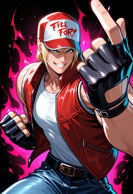 masterpiece, best quality, newest, absurdres, highres,   <lora:TerryBogardIllustriousXL:1>,TRRFF, blonde hair, baseball cap, blue eyes, white shirt, red sleeveless vest, belt, jeans, fingerless gloves,  fist, upper body, fighting stance, red energy, grin, looking at viewer,  dynamic pose,