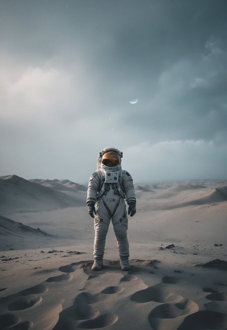 Astronaut alone on a distant planet, overcast sky, muted gray-blue tones, minimalist composition, soft diffused lighting, smooth matte textures, serene atmosphere. Centered blocking with negative space around the figure. Shot on Canon EOS R5, 50mm lens, f/1.8, 1/125 sec, ISO 200, slight compression for dreamy effect.