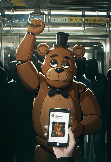 masterpiece, best quality, amazing quality, very aesthetic, absurdres, newest, detailed background,
cartoon, screencap, 
freddyit, 1boy, black mini top hat, black bowtie, bear ears, joints,  animatronic,
closed mouth, frown, metro, inside train, holding handle, crowded, dull theme, high contrast, half closed eye, looking at phone,  one arm raised, staring at phone, black window,