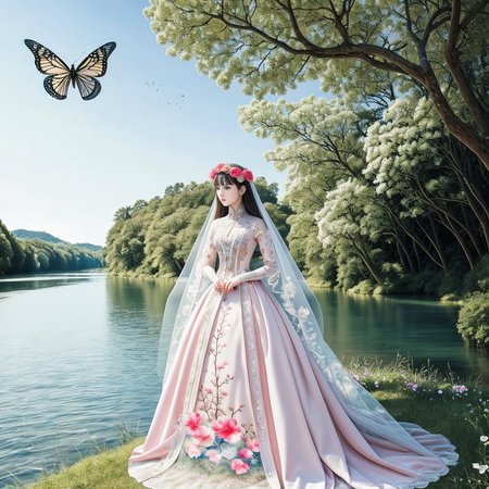original, (masterpiece), (illustration), (extremely fine and beautiful), (perfect details), (beautiful and clear background:1.25), (depth of field:0.7), (stands aside the river:1.15). (cute:1.3), (detailed beautiful eyes:1.3), (beautiful face:1.3), silver hair, silver ear, (pink hair:0.7), (pink ear:0.7), long hair, (hair blowing with the wind:1.1), (blue eye:1.1), (female internet celebrity:1.2), butterflys flying around, (moon light:0.6), tree, (summer), (night:1.2), (close-up:0.35), (gloves:0.8), solo,full body,hjy<lora:hjy-10:0.7>