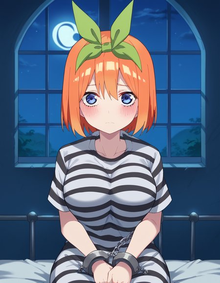 score_9, score_8_up, score_7_up, source_anime, <lora:yotsuba-nakano-s2-ponyxl-lora-nochekaiser:1>, yotsuba nakano, bangs, short hair, blue eyes, hair between eyes, hair ribbon, hairband, orange hair, green ribbon, large breasts,, <lora:prison-clothes-ponyxl-lora-nochekaiser:1> prison clothes, prisoner, prison cell, prison, striped shirt, shackles, handcuffs, chain,, sitting, on bed, looking at viewer, blush, night, moon, moonlight, night sky, window, three quarter view, cowboy shot,