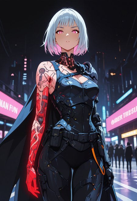 masterpiece, best quality, good quality, very aesthetic, absurdres, newest, 8K, depth of field, focused subject, 1 indian girl, standing confidently in a futuristic city plaza, wearing advanced techwear inspired by a saree, one shoulder covered by a flowing asymmetric cape made of dark smart fabric with embedded fiber optic threads glowing subtly, intricate circuit board patterns mimicking traditional borders, fitted armored bodice underneath, high-tech trousers or leggings, modular utility belt, cybernetic henna patterns glowing on one arm, determined expression.
