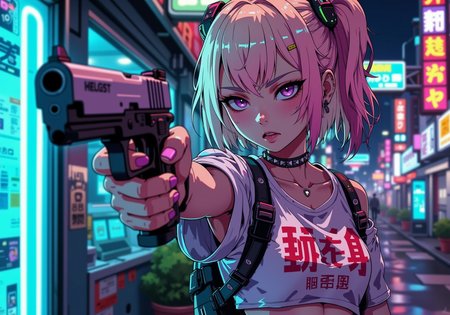action anime, close-up of a young woman with pastel pink and blonde hair, wearing a crop top with a cute graphic print, aiming a handgun with a serious expression; heavy eyeliner and a spiked choker add to her edgy scene style, neon lights softly glowing in the background, capturing a mix of innocence and danger in a gritty urban night scene, anime, cyberpunk, A digital artwork in the style of cknc,<lora:ck-nc-pastel-cyberpunk.safetensors:1.0:1.0> <lora:flux_CPA.safetensors:0.6:0.6>