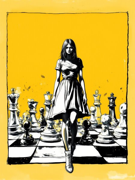 An illustrated image of a woman surrounded by large, floating chess pieces in the middle of an empty city square.  background is golden ochre <lora:Midjourney_Whisper_BrushPulse_v01:0.7>, border is amber yellow <lora:inkedgemono-simple_epoch-08:0.9> 1NK3D63SIM <lora:Midjourney_Whisper_Minimal:0.9>
| no deformed hands, no too many limbs, no too many fingers,