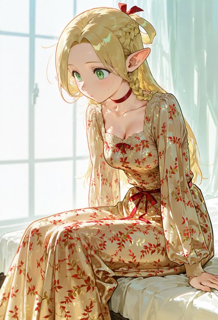 1girl, solo, dress,red ribbon,long sleeves,marcille_donato,sitting,
