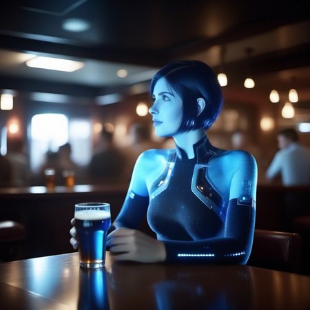 cinematic photo 1girl, short hair, blue skin, science fiction, transparent hologram, having a beer in a pub  <lora:Cortana1024:0.8> . 35mm photograph, film, bokeh, professional, 4k, highly detailed
