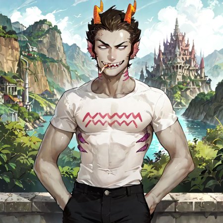 Cronus Ampora, grey skin, cigarette in mouth, white eyes, score_9, score_8_up, score_7_up,  source_anime, male, white shirt, black pants, island, full body, front view, sharp teeth, no pupils, gills, smirk, raised eyebrow, smug, skinny,