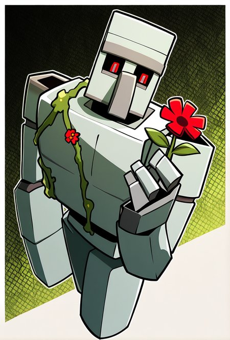 <lora:ironglem-10:1> ironglem, no humans, red eyes, black sclera, red pupils,  standing, solo, robot, big nose, long nose, no mouth, plant, grey metal body, vines, mecha, moss, red flower,  thick monobrow,  upper body, cropped legs, no legs, dynamic angle.  pose, holding flower,  reaching out with flower,, masterpiece, best quality, amazing quality, very aesthetic, absurdres, newest,, upper body, halftone effect, white borders, abstract background:1.2,