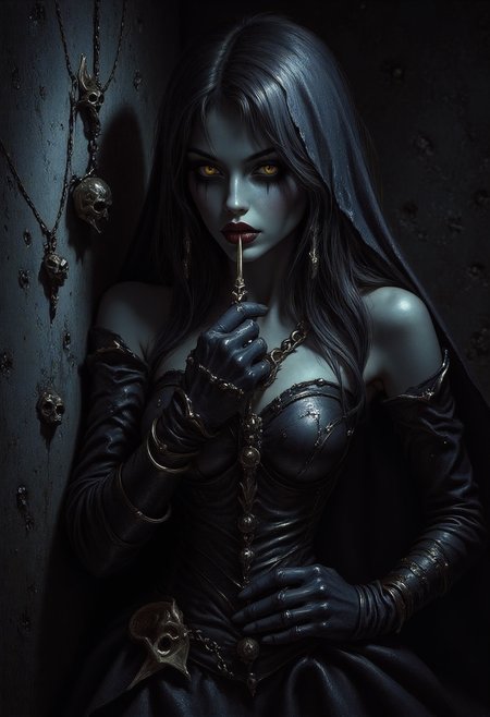 masterpiece, realistic scenery, ultra high quality, a gorgeous 23yo vampire woman cleans her vampire teeths after a long night, dark medival room in a castle, completely covered from the neck down, a vampire bat hangs upside down on a wall, dawn, ambient lighting, extreme close-up, (SFW:1.2), dark fantasy, eerie, horror, ArsMJStyle, dnddarkestfantasy, <lora:Flux Darkfantasy_epoch_1>, <lora:DnDDarkestFantasy>