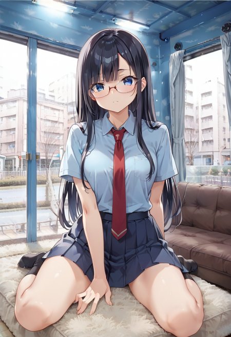 score_9, score_8_up, score_7_up, rating_safe, masterpiece, best quality, absurdres, unity 8k wallpaper, official art, official style, source_anime, uncensored, game cg, megami magazine,
1girl, solo, glasses, black hair, long hair, blue eyes, collared shirt, red necktie, pleated skirt, blue skirt, looking at viewer, blush, 
mmgo, window, scenery, indoors, curtains, couch, tree, building, day, cityscape, city
 <lora:mmgo_PONY_V1-000100:0.8>