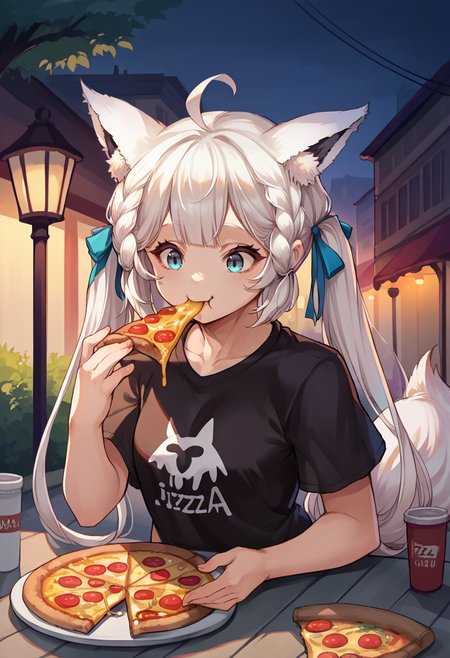 score_9, score_8_up, source_anime, 1girl, solo, WhiteBurinyan, animal ears, tail, long hair, ahoge, braid, twintails, hair ribbon, t-shirt, eating, table, upper body, pizza, happy, lamp, outdoors, street, lamppost, <lora:ChamWhiteBurinyanPonyXL:1>