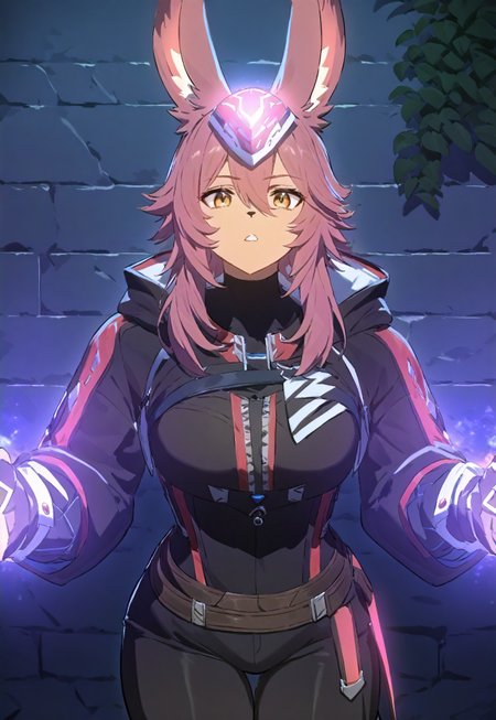 masterpiece, high score, great score, absurdres, solo, 1boy, male focus, yellow eyes, pink hair, viera, gloves, fingerless gloves, animal ears, against wall, furry, looking at viewer, jacket, hood, leggings, vanguard bolero, vanguard helmet , outdoors, Neon, glowing , straps , expressive eyes, perfect face,
