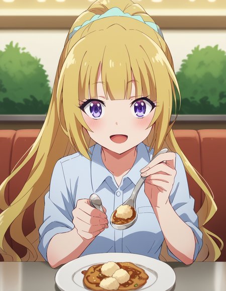 score_9, score_8_up, score_7_up, source_anime, <lora:kei-karuizawa-anime-s2-ponyxl-lora-nochekaiser:1>, kei karuizawa, long hair, bangs, blunt bangs, purple eyes, blonde hair, hair ornament, ponytail, scrunchie, blue scrunchie, medium breasts,, <lora:incoming-spoon-ponyxl-lora-nochekaiser:1> incoming food, spoon, holding, holding spoon, food, looking at viewer, open mouth, blush, smile, restaurant, plate, hand up,, ,